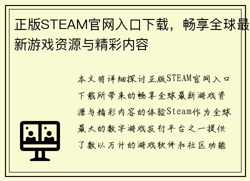 正版STEAM官网入口下载，畅享全球最新游戏资源与精彩内容